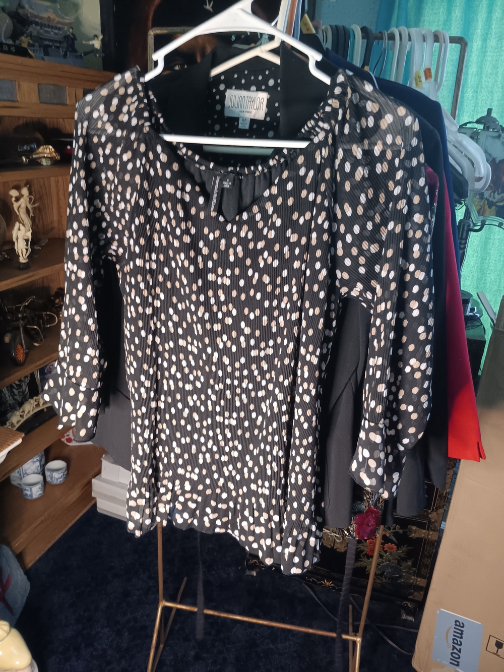 Essentials by Milano Black Blouse with Cream Dot Print